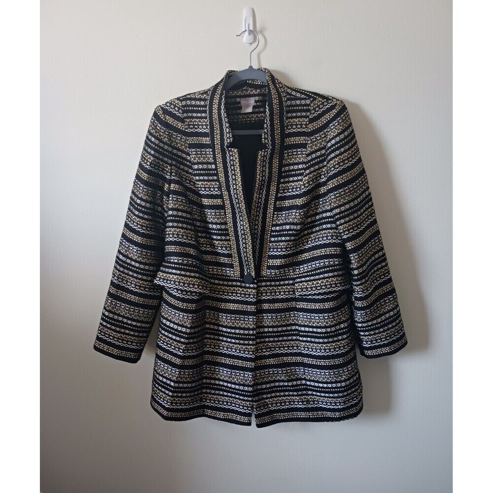Chicos Tweed Metallic Blazer Womens Black Gold One Button Jacket Size 1